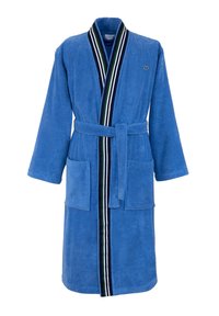 Accappatoio in terry blu con maniche lunghe, due tasche frontali, una cintura da annodare e un design a righe lungo il colletto.