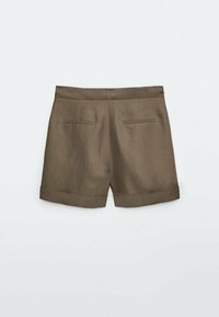 Brown linen shorts with a smooth texture, featuring a folded hem, two back pockets, and a fitted waist.