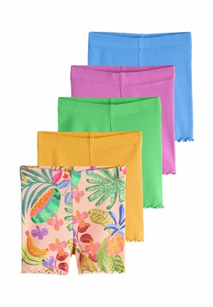 Vijf paar geribbelde gebreide korte broeken voor kinderen, in blauw, paars, groen, geel en multicolor tropische print, overlappend gerangschikt.