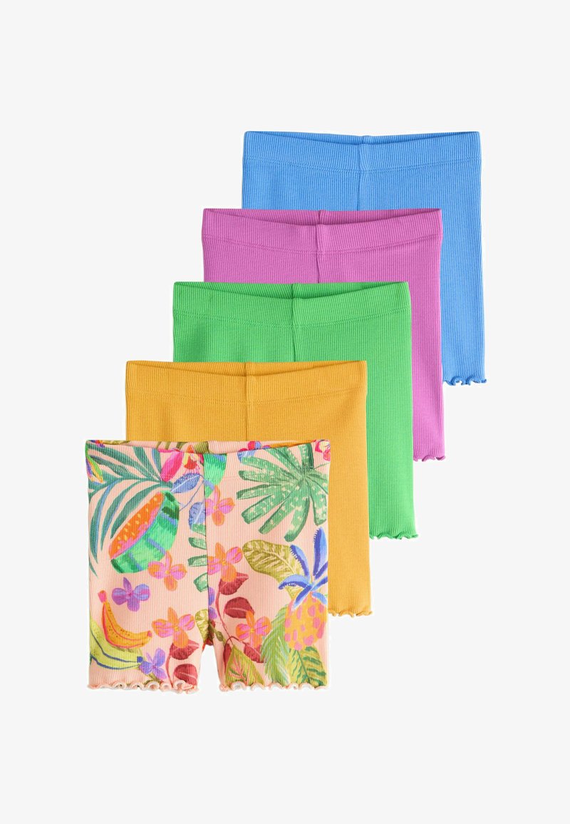 Cinq paires de shorts en maille côtelée pour enfants, en bleu, violet, vert, jaune et imprimé tropical multicolore, disposées en chevauchement.