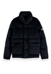 Giubbotto puffa in corduroy blu scuro con colletto alto, chiusura a bottoni a pressione, due tasche frontali e un sottile dettaglio con logo sulla manica.