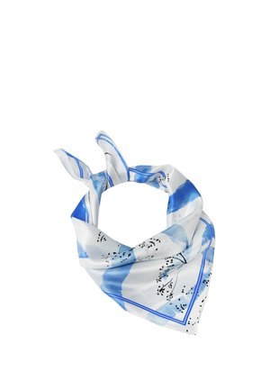 White silk scarf with blue watercolor stripes and black floral accents, loosely tied at one corner against a white background.