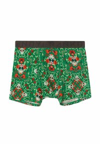 Herrars boxershorts i grönt tyg med blommönster som har skallar och rosor, brun elastisk midjeband med varumärkesnamn.