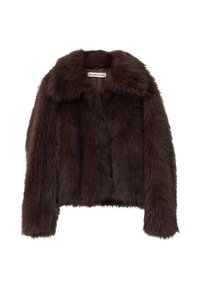 Veste en fausse fourrure marron avec un col montant, un design court, des manches longues et une texture douce. Intérieur doublé avec une étiquette à l'intérieur.