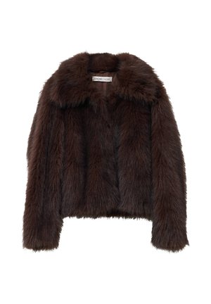 Giacca in pelliccia sintetica marrone con colletto alto, design corto, maniche lunghe e una texture morbida. Interno foderato con un'etichetta all'interno.