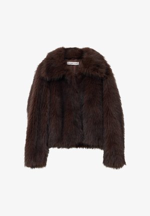 Giacca in pelliccia sintetica marrone con colletto alto, design corto, maniche lunghe e una texture morbida. Interno foderato con un'etichetta all'interno.
