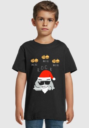 Černé bavlněné tričko s kresleným Santou ve slunečních brýlích, červené čepici a textem "Jingle Bell" a "ROCK" v žluté a bílé barvě.