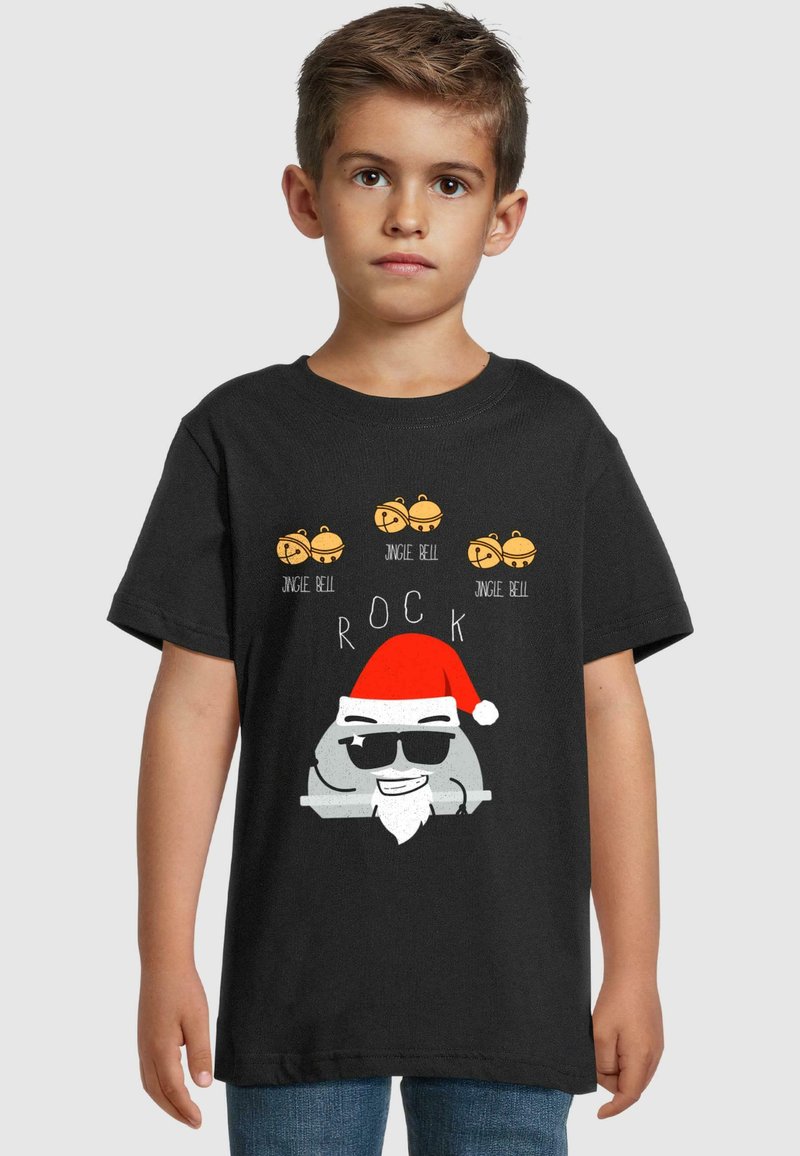 Černé bavlněné tričko s kresleným Santou ve slunečních brýlích, červené čepici a textem "Jingle Bell" a "ROCK" v žluté a bílé barvě.