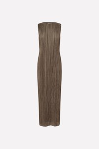 Ärmelloses, braunes, geripptes Midikleid mit einer figurbetonten Silhouette und vertikalen Falten, die einen strukturierten Look erzeugen. Glattes Material mit einem eleganten Finish.