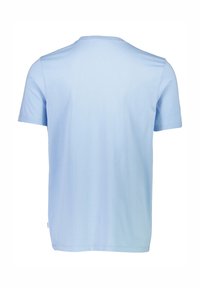 Vaaleansininen lyhythihainen t-paita, joka on valmistettu pehmeästä puuvillasta. Siinä on klassinen pyöreä kaula-aukko ja sileä, tasainen pinta. Ei näkyviä kuvioita.