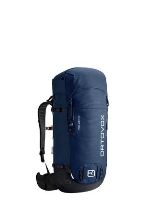 Blauer Nylon-Wanderrucksack in zylindrischer Form, ausgestattet mit einem Deckel, seitlichen Kompressionsriemen und einer strukturierten Oberfläche. Größe: 40 Liter.