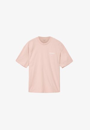 Hele roosa puuvillane T-särk lühikeste varrukatega, ümar kaelusega ja vasakul rinnal valge tekstiga logo. Sileda tekstuuriga, lõdva istuvusega.