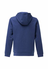 Sudadera azul marino hecha de una suave mezcla de algodón. Presenta una gran capucha y mangas largas, con una textura simple y suave y un dobladillo acanalado.