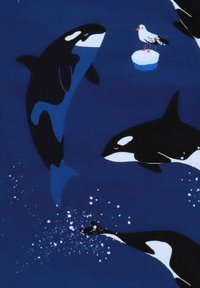 Blauter Stoff mit verspielten Schwertwalen in Schwarz-Weiß. Weitere Details umfassen Wasserspritzer und eine Möwe auf einem Eisscholle.