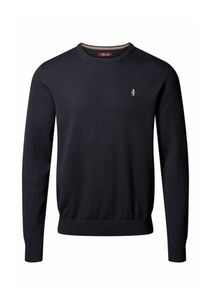 Pull marine, col ras du cou, avec des bords-côtes aux poignets et à l'ourlet, en maille légère, présentant un petit logo brodé sur la poitrine.