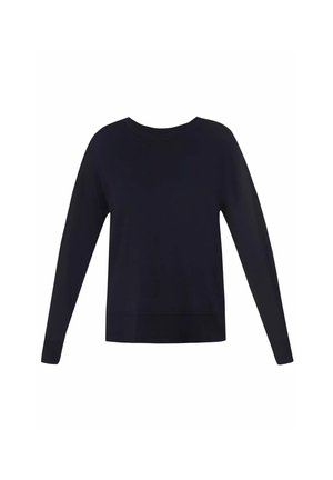 Zwarte trui met lange mouwen, ronde hals, geribbelde boorden aan mouwen en zoom, getoond op een witte achtergrond.