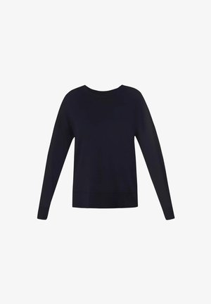 Zwarte trui met lange mouwen, ronde hals, geribbelde boorden aan mouwen en zoom, getoond op een witte achtergrond.