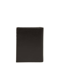 Portafoglio in pelle marrone con superficie liscia, forma rettangolare, cuciture in contrasto e senza hardware o motivi visibili.