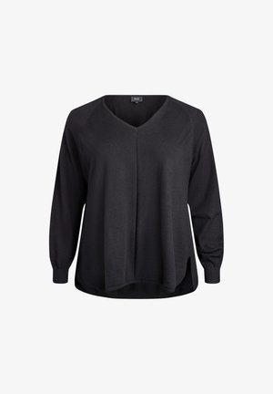 Pull noir à col en V avec manches longues, fabriqué en tissu doux et léger. Présente une coupe décontractée et de petites fentes discrètes sur les côtés à l'ourlet.