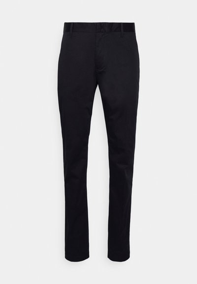 Sorte bukser med smal pasform. Lavet af glat materiale med bæltestropper og forlommer. Minimalistisk design uden mønstre eller pynt.