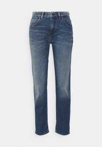 Jeans de mezclilla azul oscuro con un diseño de pierna recta, que cuentan con un cierre de botón, bolsillos frontales y un ligero desgastado en los muslos.