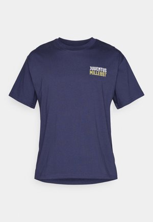 Navy blue cotton t-shirt featuring a crew neck and short sleeves. Displaying "JUVENTUS MILLE897" in white and yellow text on the chest.