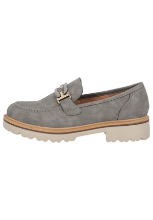 Gray suede loafer with decorative buckle, rounded toe, textured upper, and a chunky beige rubber sole with traction patterns.