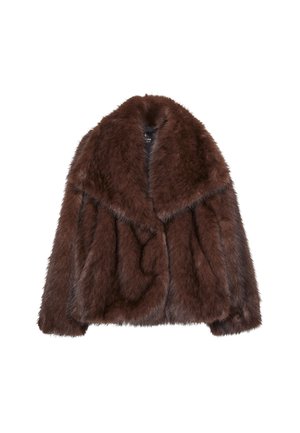 Cappotto in pelliccia sintetica marrone con un ampio colletto, vestibilità ampia e texture morbida. Presenta un design voluminoso e senza chiusure visibili.