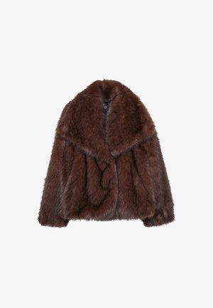 Manteau en fausse fourrure marron avec un large col, coupe ample et texture douce. Présente un design volumineux et sans fermetures visibles.