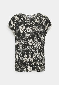 Černobílý top s květinovým vzorem a krátkým rukávem, kulatým výstřihem. Měkká tkanina s volným střihem a bočními rozparky na lemu.