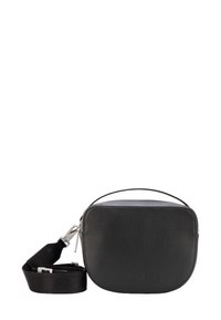 Zwarte leren crossbodytas met een ronde vorm, voorzien van een zilveren rits en verstelbare riem. Gladde textuur, minimalistisch ontwerp.