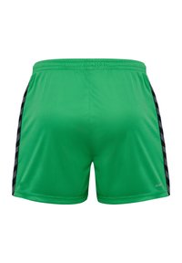 Groene sportshorts van gladde stof, met zwarte zijstrepen met een patroon en een trekkoord in de tailleband.