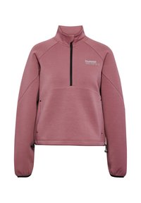 Lyserød pulloverjakke med høj krave, halvlukning med lynlås og elastiske manchetter. Har en forlomme og sort brandlogo.