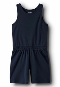 Mørkeblå romper lavet af blødt stof. Har ærmeløst design, elastisk talje og afslappede shorts med en glat tekstur.