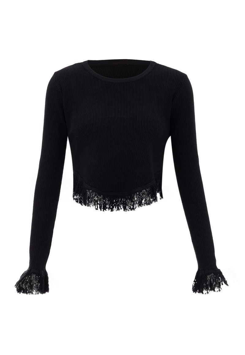 Sort ribbet langærmet crop top med blondefringe langs kanten og ærmerne. Har en rund halsudskæring og tætsiddende silhuet.