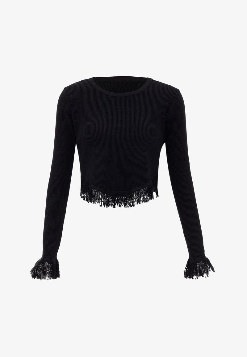 Schwarzes geripptes Langarm-Crop-Top mit Spitzenfransen am Saum und an den Ärmeln. Verfügt über einen runden Ausschnitt und eine figurbetonte Silhouette.