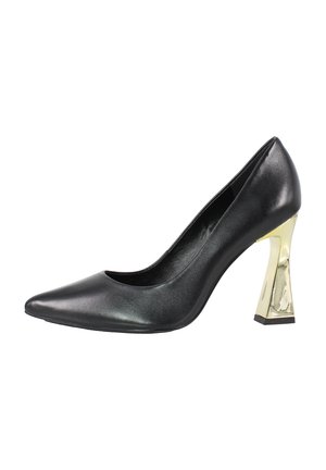 Black leather pointed-toe high heel shoe with a shiny, metallic gold block heel and a slightly flared base.