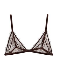 Brown lace bralette with triangle cups, adjustable spaghetti straps, and floral pattern. The design features a soft mesh texture and minimal hardware.