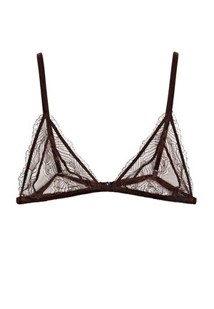 Brun blonde bralette med trekantede kopper, justerbare spaghetti-stropper og blomstertryk. Designet har en blød mesh-struktur og minimal hardware.