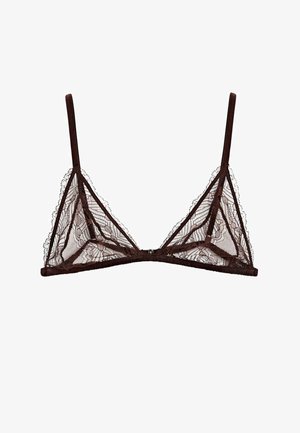 Brown lace bralette with triangle cups, adjustable spaghetti straps, and floral pattern. The design features a soft mesh texture and minimal hardware.