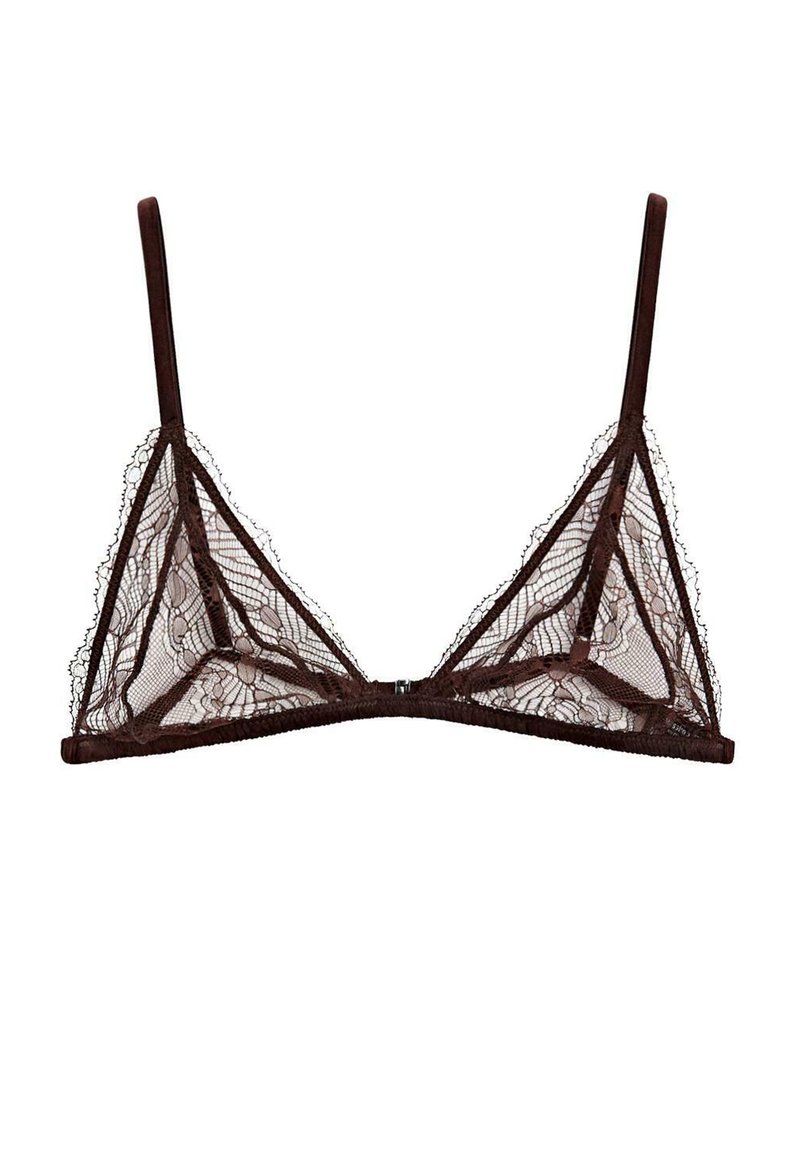 Brown lace bralette with triangle cups, adjustable spaghetti straps, and floral pattern. The design features a soft mesh texture and minimal hardware.