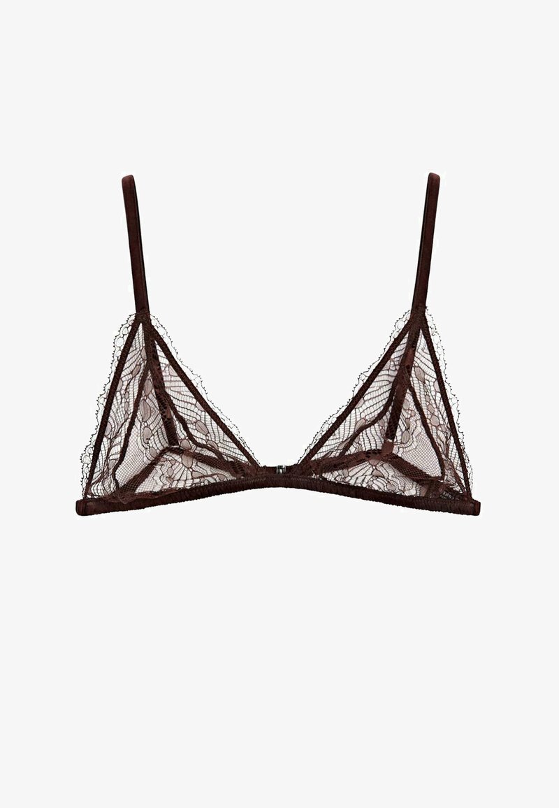 Brown lace bralette with triangle cups, adjustable spaghetti straps, and floral pattern. The design features a soft mesh texture and minimal hardware.