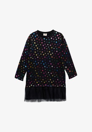 Schwarzes Kleid mit bunten Sternenprints, langen Ärmeln und einem Tüllrüschesaum. Hergestellt aus weichem Stoff mit einer lockeren Passform.