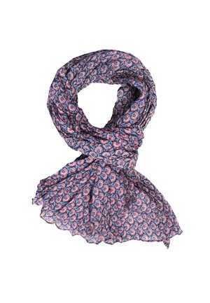 Leichter Schal in Marineblau mit einem floralem Muster in Rot und Pink. Weiche Textur mit gewellten Kanten und einem fallenden Design.