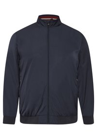 Jachetă bomber bleu marin cu guler înalt, fermoar pe întreaga lungime a frontalului, buzunare laterale și manșete și tiv din material ribbed; material neted, ușor.