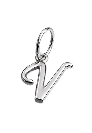 Colgante de plata en forma de la letra "V." Superficie lisa con un acabado pulido y un lazo circular para su sujeción. Diseño minimalista.