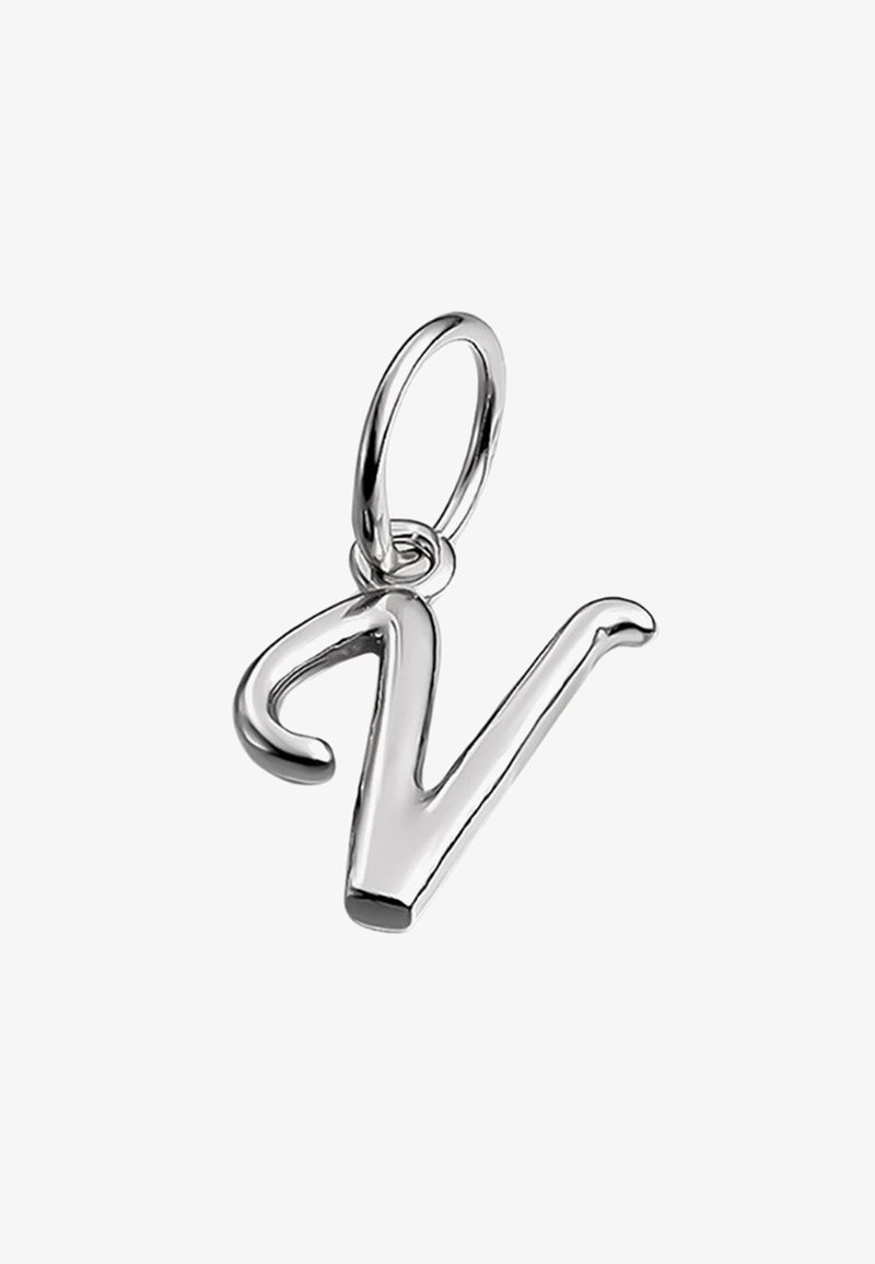 Colgante de plata en forma de la letra "V." Superficie lisa con un acabado pulido y un lazo circular para su sujeción. Diseño minimalista.