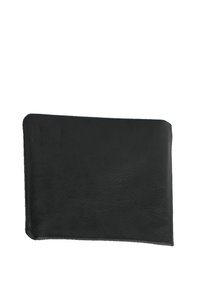 Black leather wallet with a smooth texture, rectangular shape, rounded corners, and minimalistic design. Features a slot for cards.