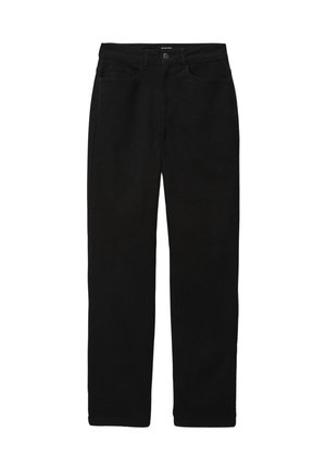 Pantalon en denim noir à coupe droite, doté de cinq poches, d'une fermeture par bouton et de détails de couture subtils.