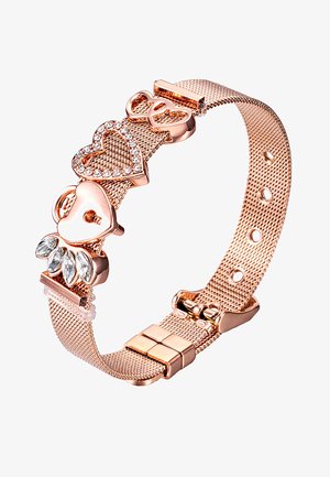 Bracciale in maglia rosa dorata con simboli di cuore e infinito, adornato con strass trasparenti e un gancio con accenti metallici.